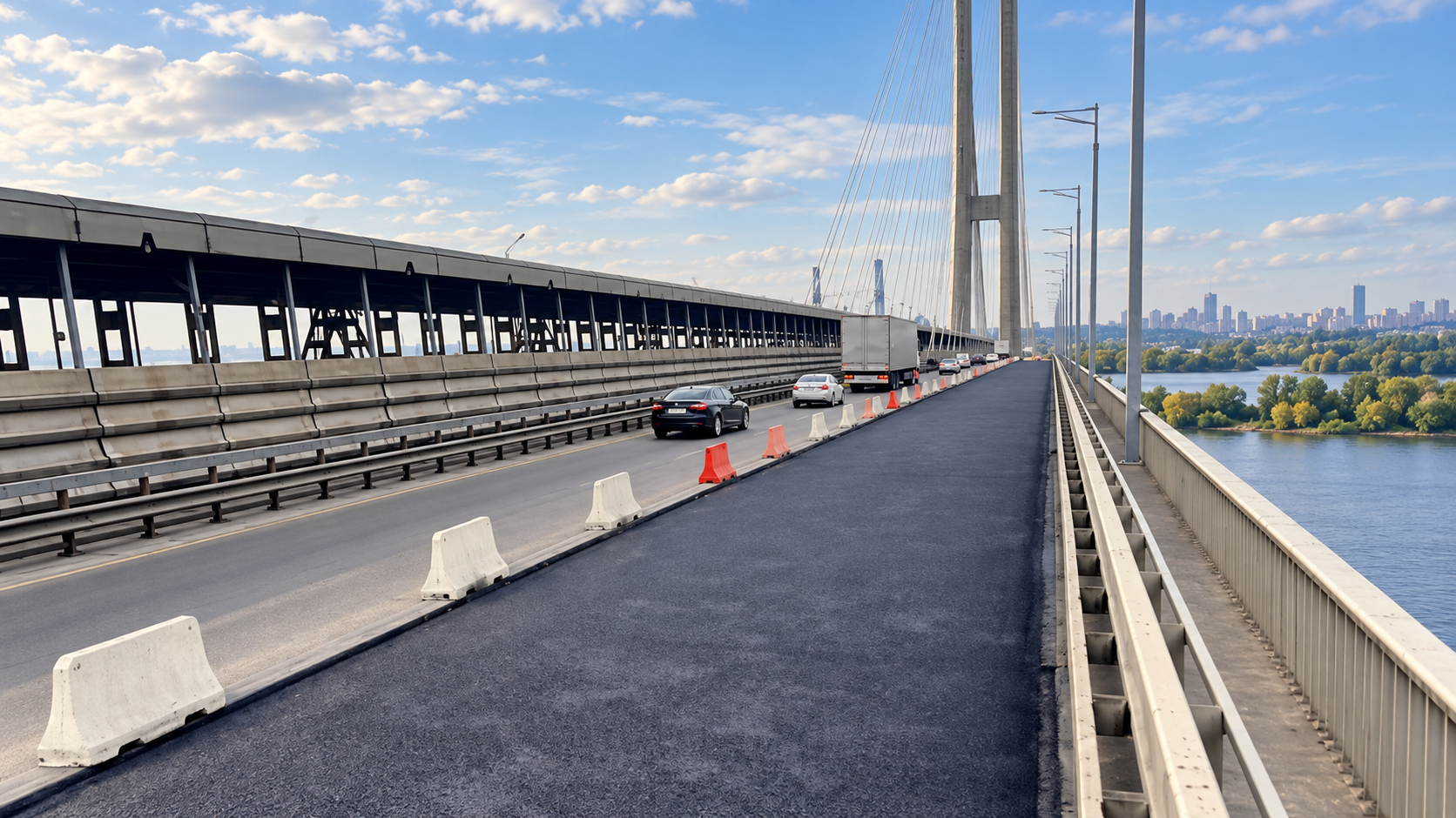 По Южному мосту в сторону Корчуватого временно едут по крайней левой полосе По Южному мосту в сторону Корчуватого временно едут по крайней левой полосе